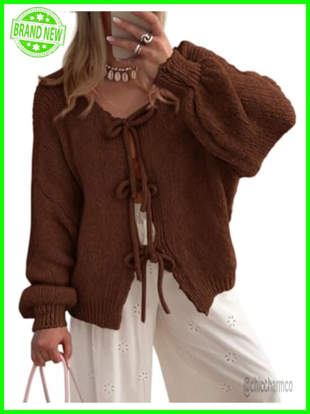Women's Tie Front Bow Cardigan Cable Knit Puff Sleeve Sweater
